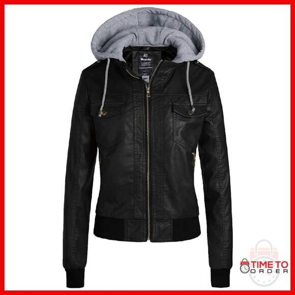 Jackets & Blazers - Lightweight PU Leather Motorcycle Jacket with Removable Hood & Pockets